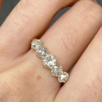 5 stones Natural old European cut diamond ring in 18k Yelllw Gold Matte polish.