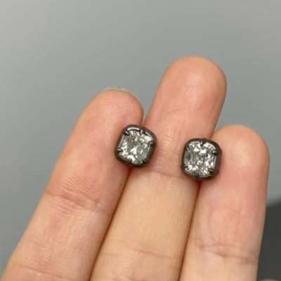 0.62ct & 0.63ct GIA Certified Natural H Color VVS1 Clarity Old Miner Cut Diamond Studs In 6prong collet setting in 18k gold black polish
