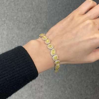 Natural Mix Shape Fancy Yellow Double Halo Diamond Bracelet In 18k Gold.