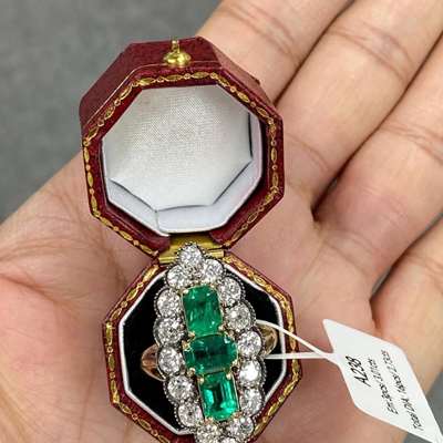 Natural Zambian Emerald & True antique old Cut Diamonds Set in 18k Gold ring.