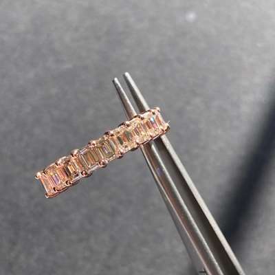 Natural Peachy Brown Emerald Cut Half Eternity Diamond Ring in 18@ Rose gold