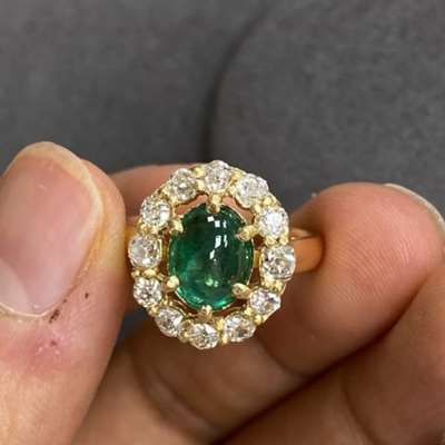 Natural Zambian Emerald Cabochon Shape Gemstone Along With Halo Of true Antique Diamonds Set in 18k Yellow Gold Ring.