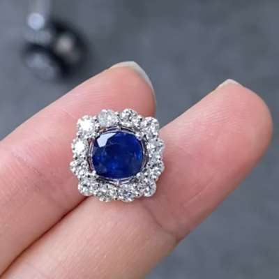 Natural Ceylon Blue Sapphire Heated Cushion Shape Gemstone Pendant Set in 18k White Gold Along With True Antique Old Cut Diamond Halo.