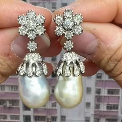True Antique Natural Old Cut Diamond Earrings with Baroque Pearls. Set in 18k Gold with antique look