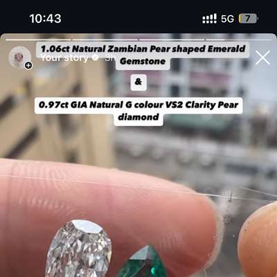 0.97ct gia g vs2 old cut pear natural diamond and 1.06ct natural zambian emerald layout 