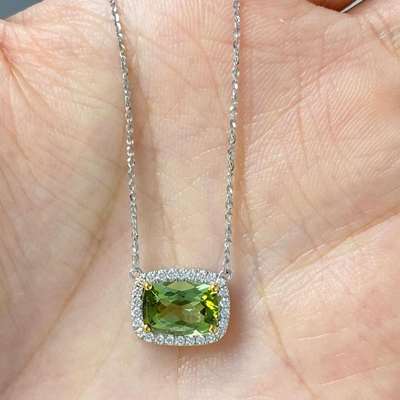 1.38ct Natural Green Tourmaline Cushion Shape Gemstone Set in 18k Gold Necklace With White Diamond Halo.