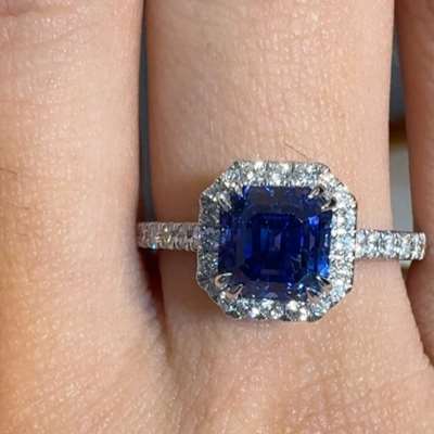 2.24ct GIA Certified Natural Heated Ceylon Blue Sapphire Asscher shaped gemstone with white diamonds set in 18 k Gold Ring