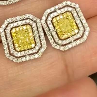 Radiant Yellow Diamonds With Triple Halo Earings.