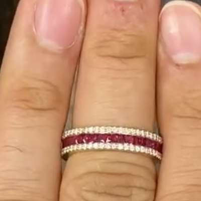 Invisible setting 3/4th eternity ring with white diamonds around in 14k gold. Ruby eternity ring: