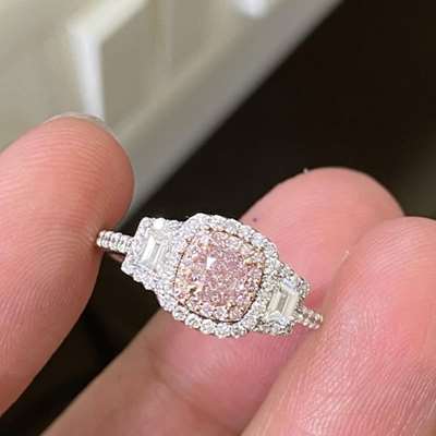 0.41ct GIA Certified Natural Fancy Brownish Pink SI2 Clarity Cushion Cut Diamonds Set In 18k GoLd Ring Along With Side Diamonds.