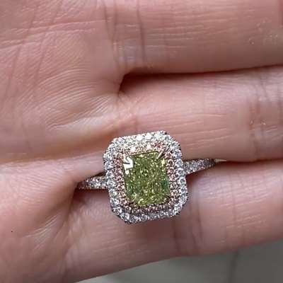 1.31ct GIA Natural Fancy Brownish Greenish Yellow colour VS2 Clarity Radiant diamond set in 18 K gold ring