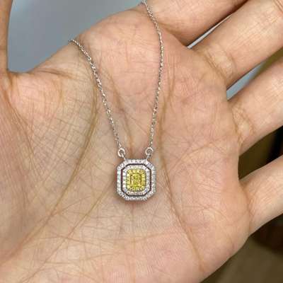 Natural Fancy Yellow Radiant Cut Diamond Triple Halo Necklace In 18k Gold