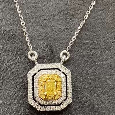 Natural Fancy Yellow Radiant Cut Diamond Triple Halo Necklace In 18k Gold.
