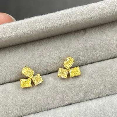 Natural Fancy Yellow Mix Shape Diamond Cluster earings Set In 18k Yellow Gold. 