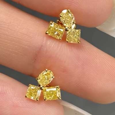 Natural Fancy Yellow Mix Shape Cluster Earings In 18k Yellow Gold.