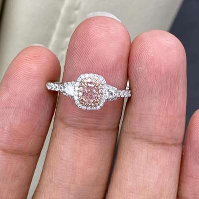 0.29ct Fancy Brownish Pink VS1 Clarity Gia certified Cushion with double halo of pink & white diamonds and taper diamonds on side as well