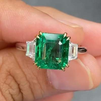 3.38ct GIA Certified Natural Zambian Emerald gemstone with Trapezoid shaped diamonds set in 18 K Gold ROYALTY Ring