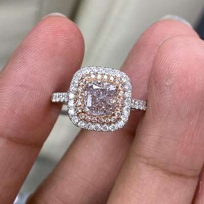 1.38ct GIA Certified Natural Fancy Brownish Pink VS2 Clarity Cushion Set In Double Halo Ring With pink & White Diamonds around