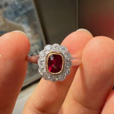 0.73ct GUILD Certified Natural Mozambique No Heat No Treat VIVID RED Cushion Shape Ruby In 18k Gold Cluster setting With White Diamonds 
