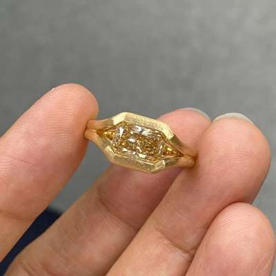 1.74ct Natural Honey Brown SI1 Clarity Long Radiant Cut Diamond Set In 18k Half Bazel Set Double Band Ring .