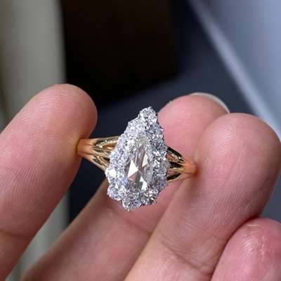 Natural IGI Certified 1.01ct I color IF Clarity Pear Shape Dome Rosecut Cluster Ring with Halo of True Antique Diamonds