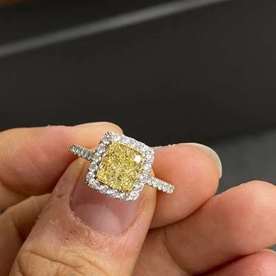 2.03ct GIA Certified Natural Light Yellow Cushion Diamond Halo Ring in 18k Gold