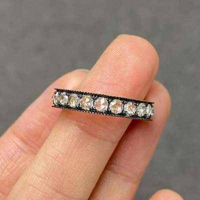 18k gold vintage looking rosecut round diamonds full eternity ring.