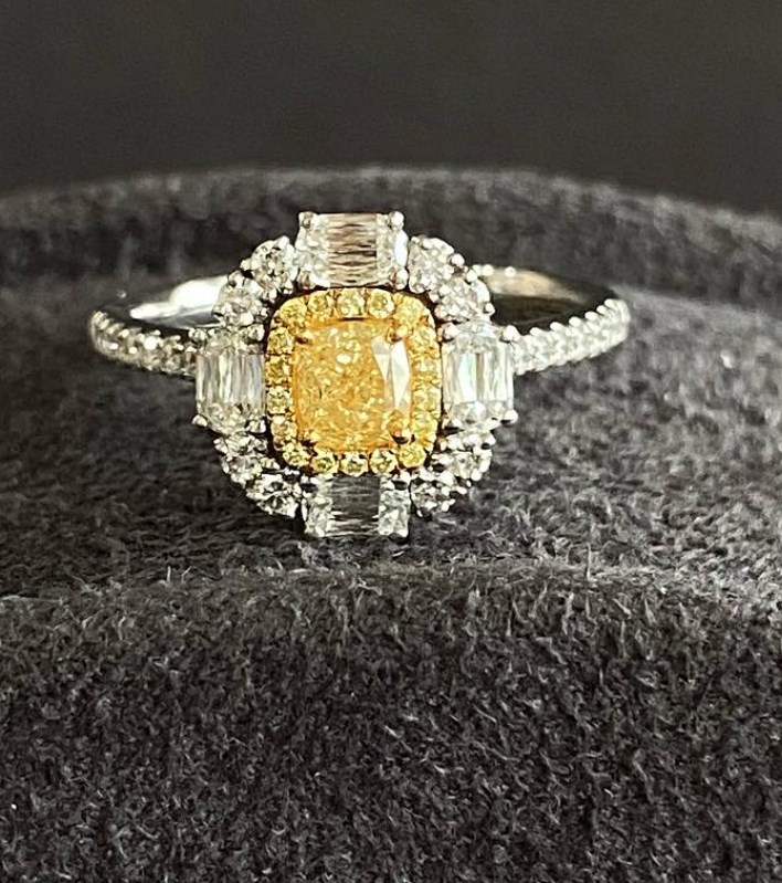 Yellow cushion diamond on sale ring