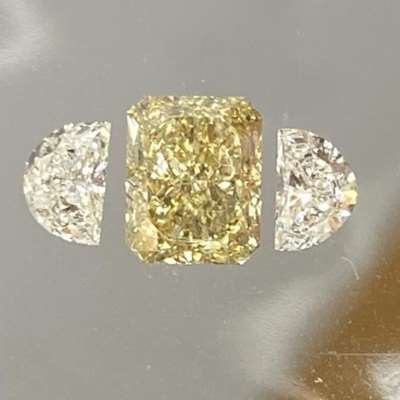 1.00cts GIA certified Natural fancy brownish yellow VS2 clarity radiant shape diamond paired with 0.36cts total weight gh color vvs-vs clarity half moon shape shoulder stone diamonds