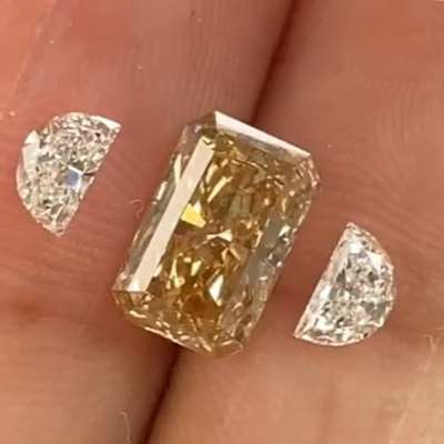 Halfmoon Romance -0.42ct total weight matching pair - E color, VVS2 clarity with 1.74ct Natural Honey Brown Radiant diamond** (SI1 clarity)