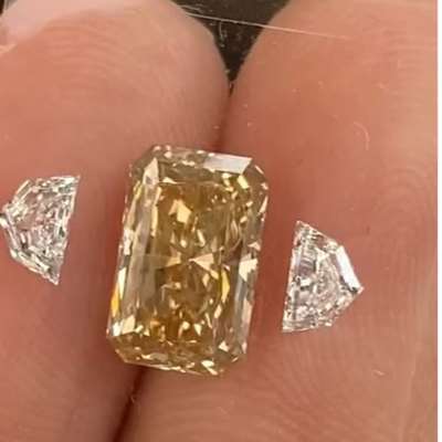  Cadillac Cut Contrast - 0.37ct total weight matching pair - E color, VVS2 clarity with   1.74ct Natural Honey Brown Radiant diamond** (SI1 clarity