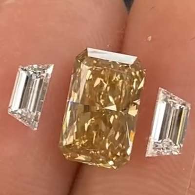 Trapezoid Elegance -0.46ct total weight matching pair - **E color, VVS2 clarity* with 1.74ct Natural Honey Brown Radiant diamond** (SI1 clarity