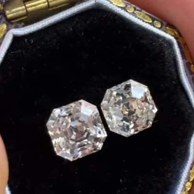 1.00ct & 1.07ct GIA Certified Matching Pair of Natural O to P Range Very Light Brown VS1 Clarity Old Antique Cut Asscher Shape Diamonds