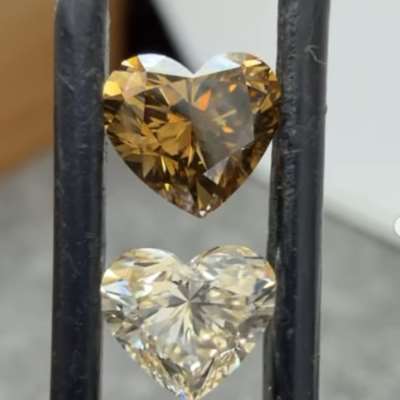 1ct GIA light brown VS2 heart + 1.08ct champagne brown VS1 heart