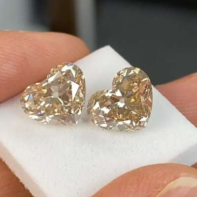 2.02ct & 2.03ct Perfect Matching Pair Of Natural Peachy Brown VS2 & SI1 Clarity Of Old Antique Heart Shape Diamonds 