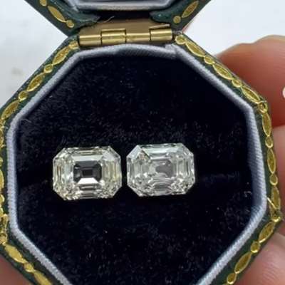 1.01ct natural M color VVS2 paired with a 1.00ct natural N color VS1 old cut emerald diamond. 