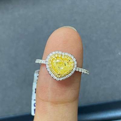 0.80ct Natural Fancy Yellow Heart Shape VS Clarity Set In 18k Double Halo Ring